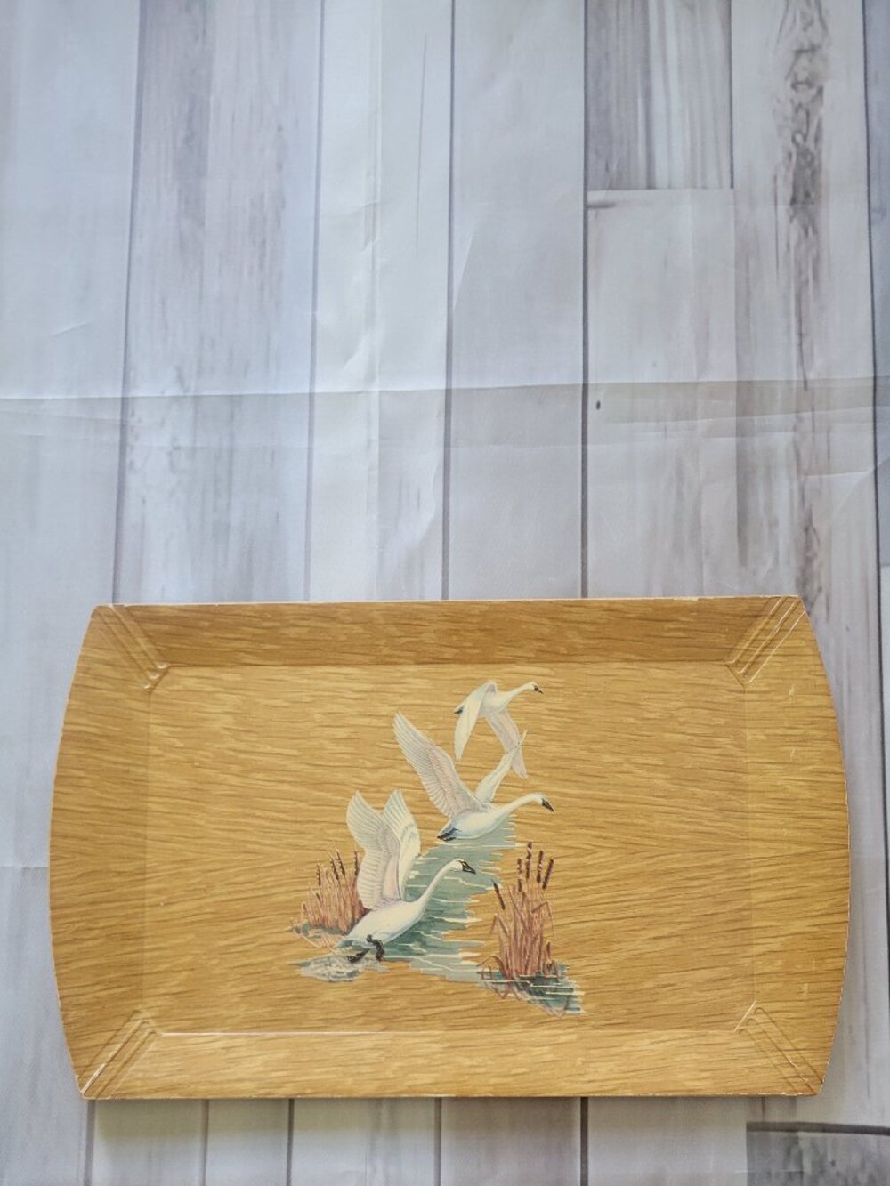 Vintage MCM Coronet Haskelite Lithograph Paper TV Tray w/ Swans Single wood tray